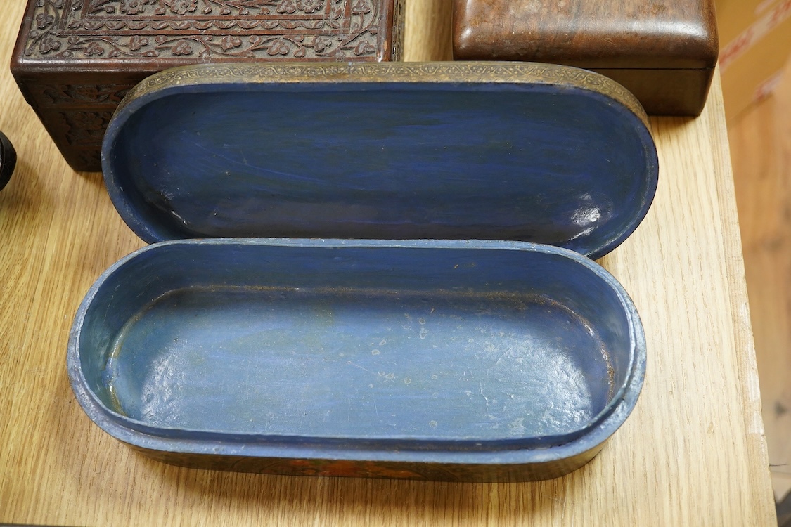 Five various 19th century boxes, variously detailed, largest 30cm wide